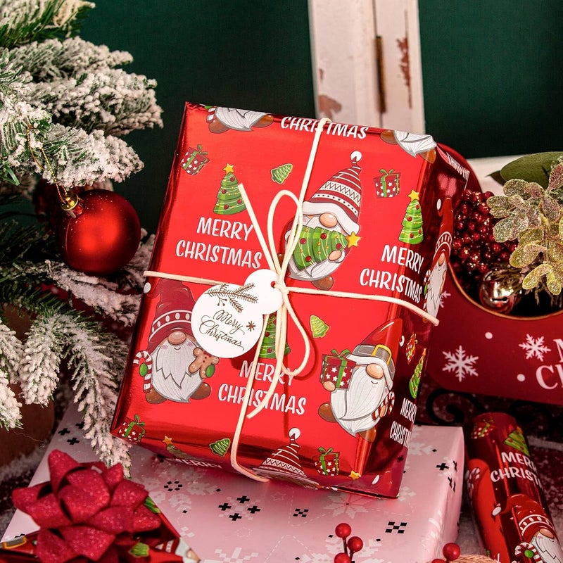 Retrify Christmas Wrapping Paper - 17 Inch x 32.8 Feet Mini Roll - Cute Gnome Snowflake Metallic Red Gift Wrap Paper for Holiday Shower Party Celebration - Image 4